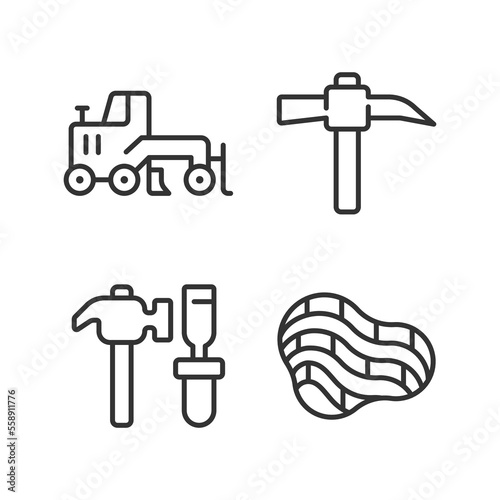 Quarry mining pixel perfect linear icons set. Miner manual instruments. Coal extraction. Excavator machine. Customizable thin line symbols. Isolated vector outline illustrations. Editable stroke © bsd studio