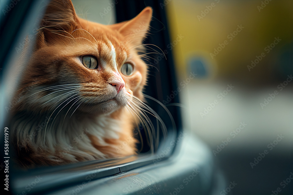 Cat travels in a car. Domestic funny red cat looks out the window of a bus or car. Animal travel, vacation, road trip animal concept. Generative Ai image illustration Cat travels in a car. Domestic funny red cat looks out the window of a bus or car. Animal travel, vacation, road trip animal concept. Generative Ai image illustration