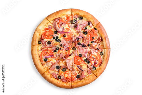 Pizza with bacon, tomatoes, onions and olives on a white plate. Fresh Italian pizza. View from above