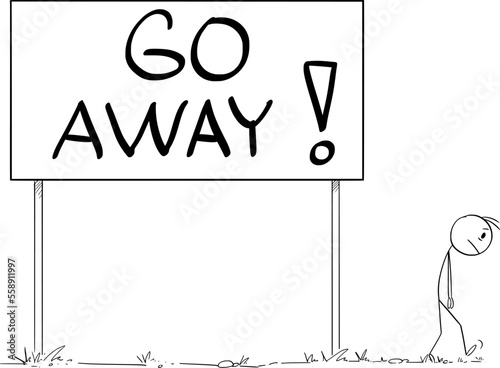 Person Leaving Go Away Sign , Vector Cartoon Stick Figure Illustration