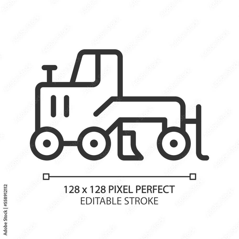 Grader pixel perfect linear icon. Creating flat surface. Coal mining equipment. Heavy industry. Motor vehicle. Thin line illustration. Contour symbol. Vector outline drawing. Editable stroke Grader pixel perfect linear icon. Creating flat surface. Coal mining equipment. Heavy industry. Motor vehicle. Thin line illustration. Contour symbol. Vector outline drawing. Editable stroke