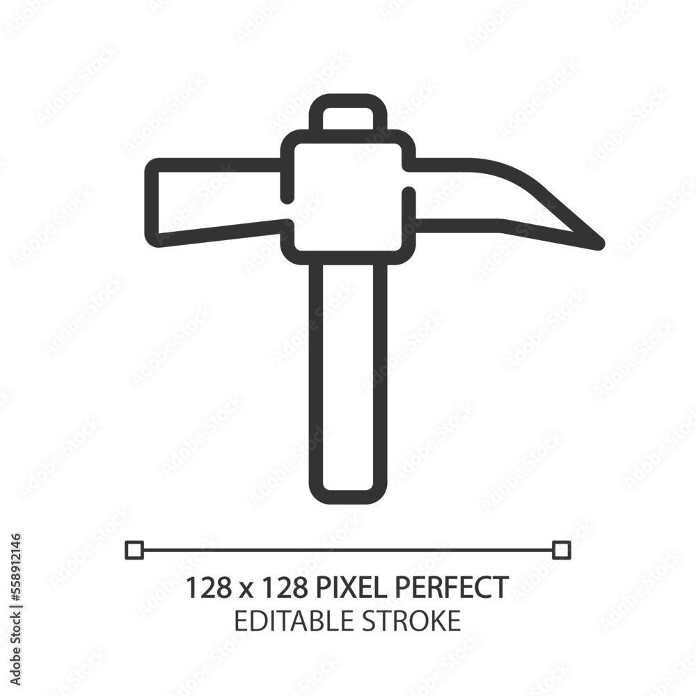 Pickaxe pixel perfect linear icon. Manual instruments for miners. Ore extraction. Coal mining. Heavy industry. Thin line illustration. Contour symbol. Vector outline drawing. Editable stroke