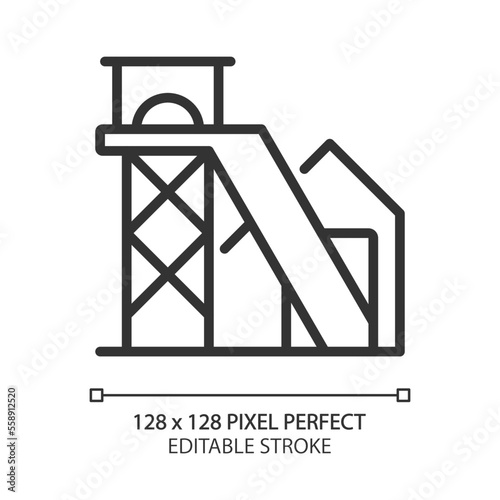 Coal mine pixel perfect linear icon. Lode of fossil fuel in earth. Extraction of rock and ore. Heavy industry. Thin line illustration. Contour symbol. Vector outline drawing. Editable stroke