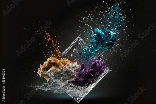 Beautiful blue clear crystals. crystal splash. ice splash. particles. ai generative
