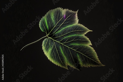  a green leaf with a purple center on a black background with a black background behind it and a black background behind it with a white border and a black border with a purple border at.
