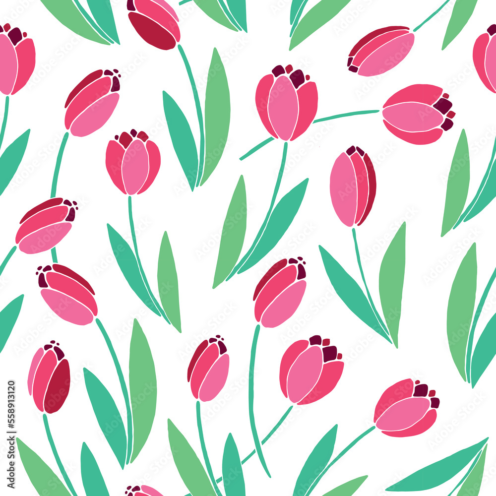 Vector bright seamless pattern with scattered red tulip flowers. Spring holiday texture for wrapping paper, textile, greeting card, mother's, women's or Valentine's Day Vector bright seamless pattern with scattered red tulip flowers. Spring holiday texture for wrapping paper, textile, greeting card, mother's, women's or Valentine's Day