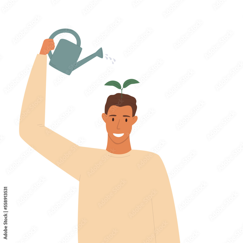 Vector illustration of a happy man watering a sprout on her head from a watering can. The concept of positive thinking, self-improvement, taking care of your mental health.