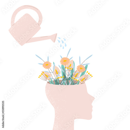 A human hand waters the head from which flowers grow. The concept of psychological help and therapy, mental health care. Metaphorical vector illustration.