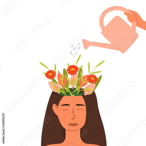 A human hand waters a woman's head from which flowers grow. The concept of psychological help and therapy, mental health care. Metaphorical vector illustration.