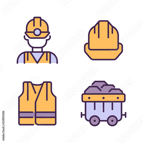 Coal miner protective equipment pixel perfect RGB color icons set. Reflective vest and hardhat. Heavy industry. Isolated vector illustrations. Simple filled line drawings collection. Editable stroke
