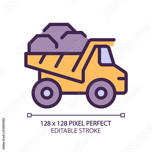 Dump truck pixel perfect RGB color icon. Dumper lorry. Heavy materials transportation. Vehicle. Coal mining industry. Isolated vector illustration. Simple filled line drawing. Editable stroke