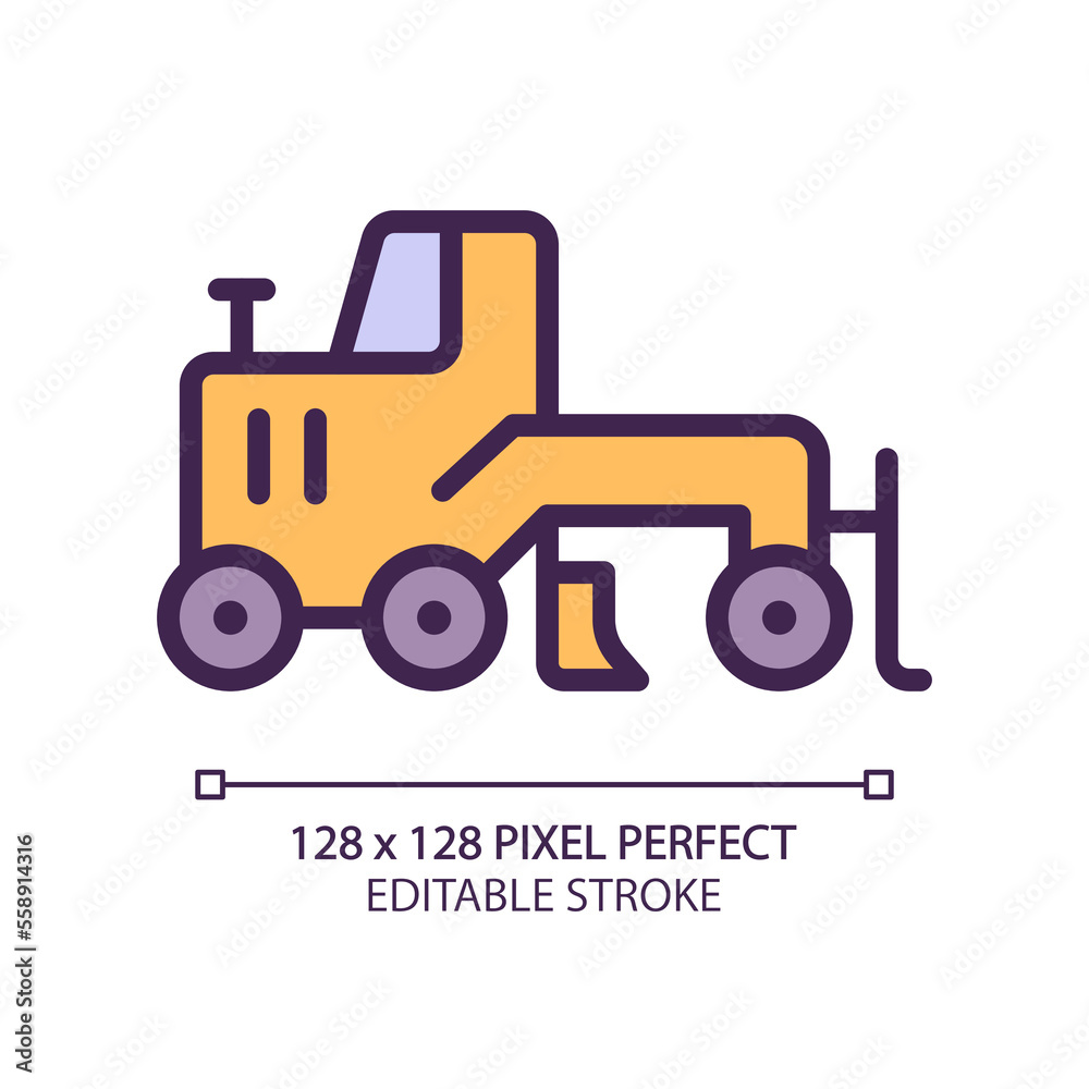 Grader pixel perfect RGB color icon. Creating flat surface. Coal mining equipment. Heavy industry. Motor vehicle. Isolated vector illustration. Simple filled line drawing. Editable stroke Grader pixel perfect RGB color icon. Creating flat surface. Coal mining equipment. Heavy industry. Motor vehicle. Isolated vector illustration. Simple filled line drawing. Editable stroke
