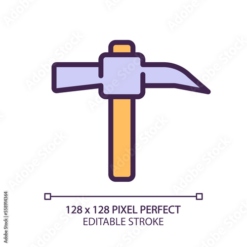 Pickaxe pixel perfect RGB color icon. Manual instruments for miners. Ore extraction. Coal mining. Heavy industry. Isolated vector illustration. Simple filled line drawing. Editable stroke