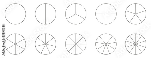 Segment slice icon. Pie chart template. Circle section graph line art. 1,2,3,4,5,6,7,8,9,10 segments infographic. Diagram wheel parts. Geometric element. 