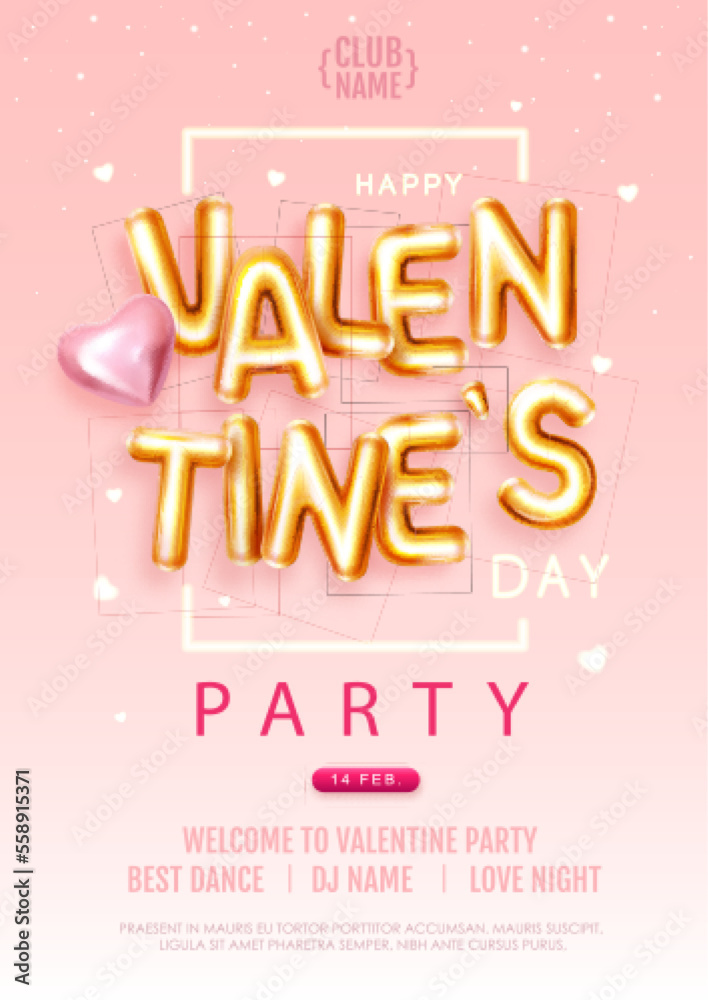 Happy Valentines Day disco party poster with 3D letters and gold love hearts. Vector illustration