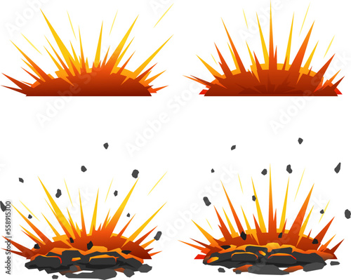 Set of cartoon explosive shell on the ground, group of cartoon bomb explosions on ground with shrapnel isolated on white, bright fiery explosion with orange lights