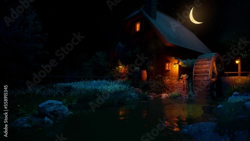 Summer cozy evening near the river, against the background of an old water mill with slowly falling water. The concept of a cozy environment, relaxation, rest and meditation. 3D animation.
