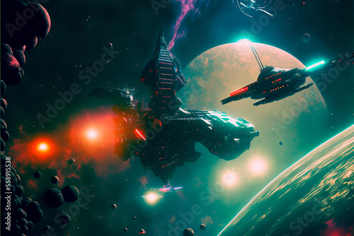 intergalactic spaceships on the background of planets and space. High quality illustration