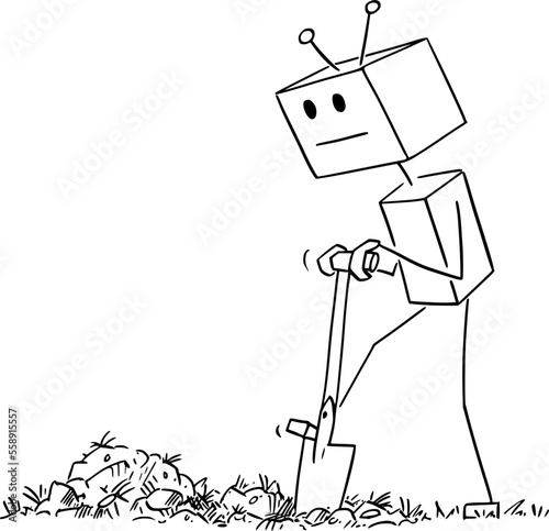 Robot Digging Hole on Garden, Vector Cartoon Stick Figure Illustration