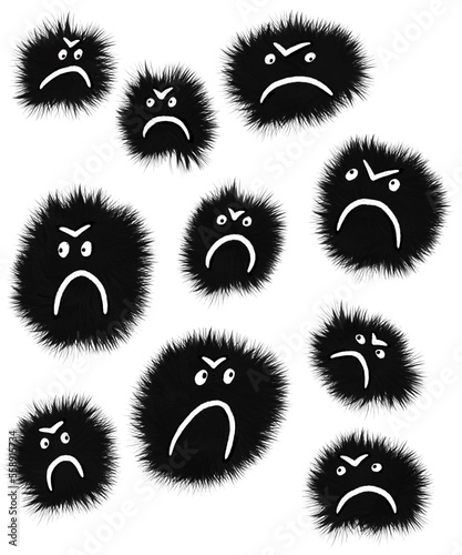 Dissatisfied faces on a transparent background.  Shaggy balls with resentment and anger.  Furrowed brows on a black face.  Fluffy characters for psychologists, expressing emotions and feelings