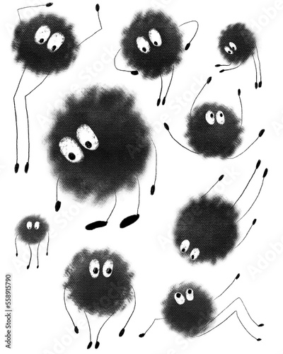 Round heads with legs and arms, with eyes.  Live balls jump, fly, move.  Graphic drawing on a transparent background.  Illustration for fabric, clothes, interior, book, for children