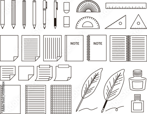 stationery for school. Office stationery. Pencils and pens, notebooks and rulers. Simple line vector design.