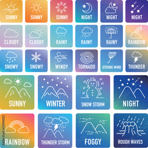 Weather icon. An illustration representing the sun. Vector icons indicating sunny, cloudy, snowy, etc. weather forecast.  gradient color.
