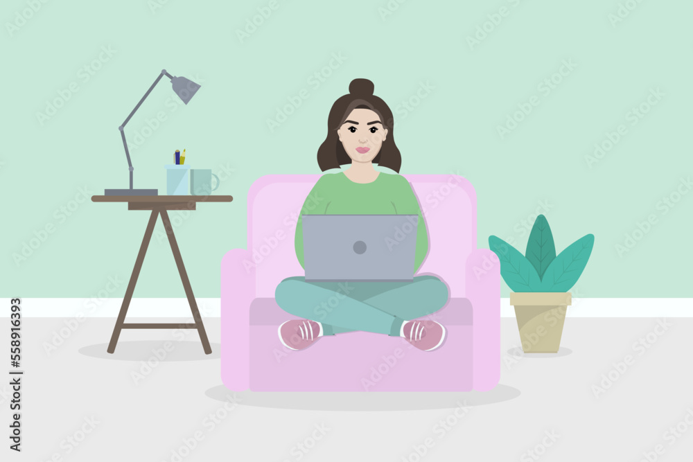 Home office concept, woman working from home sitting on an armchair, student or freelancer.