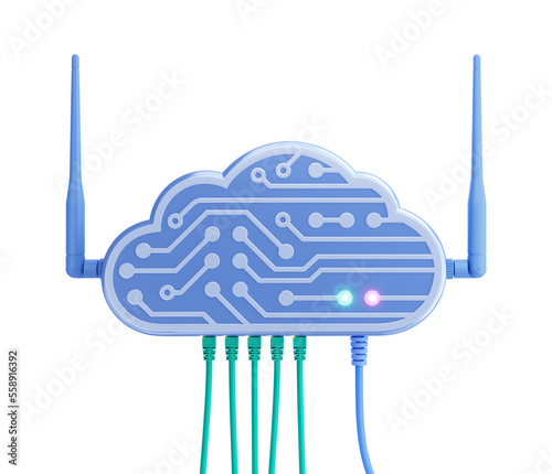 Personal Digital Cloud for a Smart House. A home Wi-Fi router designed in form of an Electronic Cloud with network ethernet cables. 3D rendering graphics isolated on transparent background.