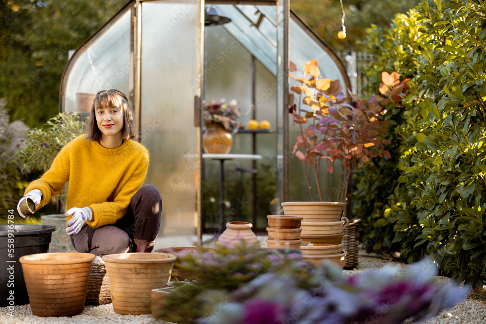 Woman planting flower bulbs in clay jugs for growing in glass orangery at garden. Florist gardening at beautiful backyard on sunny morning