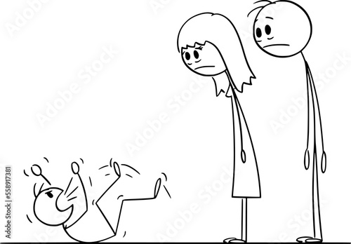 Shocked Parents Looking at Raging Angry Child, Vector Cartoon Stick Figure Illustration