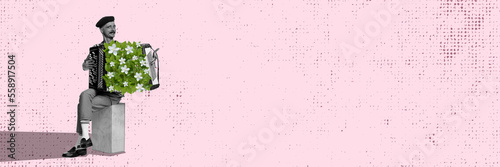 Banner with portrait of cheerful young boy playing accordion made of flowers. Countryside style, performance. Pastel colors. Music, holidays, emotions, art