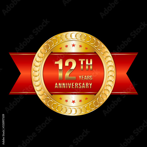 12th Anniversary. Anniversary logo design with gold color text and red ribbon for anniversary celebration event. Logo Vector Illustration
