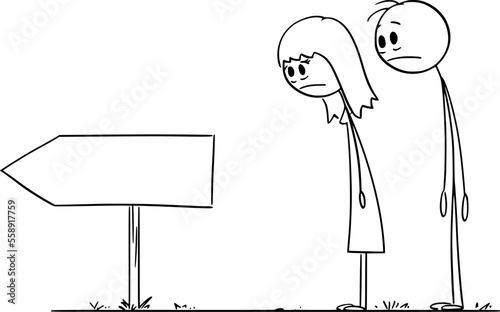 Man and Woman Looking Frustrated at Empty Arrow Sign , Vector Cartoon Stick Figure Illustration