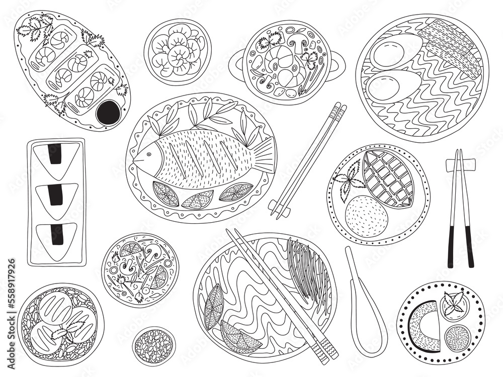 Set of Asian food dishes top view. Different kinds of Asian cuisine dishes vector set. Tom yum, onigiri, spring rolls, ramen and pad Thai noodles