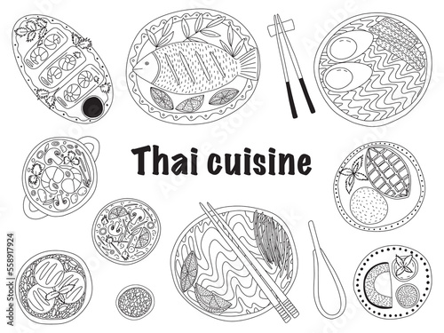 Vector set of Thai cuisine dishes set. Different kinds of Thai food set isolated. 