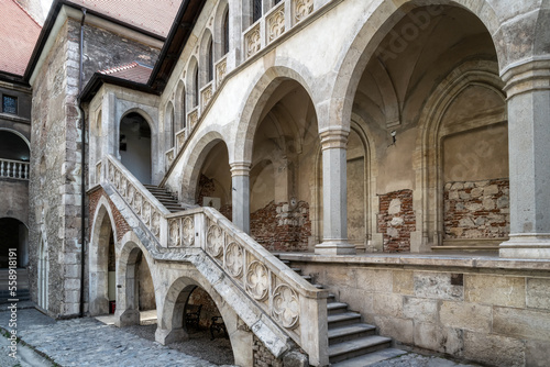 HUNEDOARA, ROMANIA - AUGUST 20, 2022: View with the inner courtyard of the Hunedoara Castle, also known as Corvin Castle in Hunedoara, Romania
