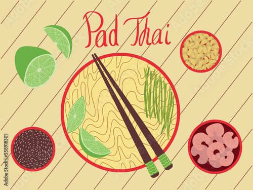 Vector pad Thai noodles flat style illustration. Hand drawn pad thai top table view dish