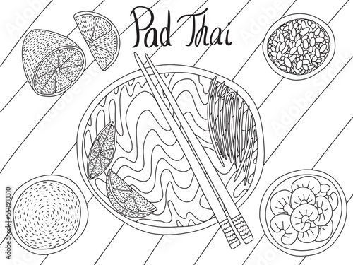 Vector pad Thai noodles sketch. Hand drawn pad thai top table view dish