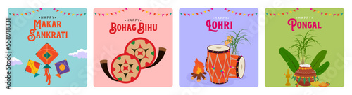 Indian festivals Makar Sankranti, Lohri, Pongal, and Bohag Bihu editable vector illustration social media posts and banners