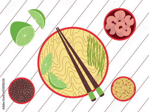 Vector pad Thai noodles flat style illustration. Hand drawn pad thai top table view dish