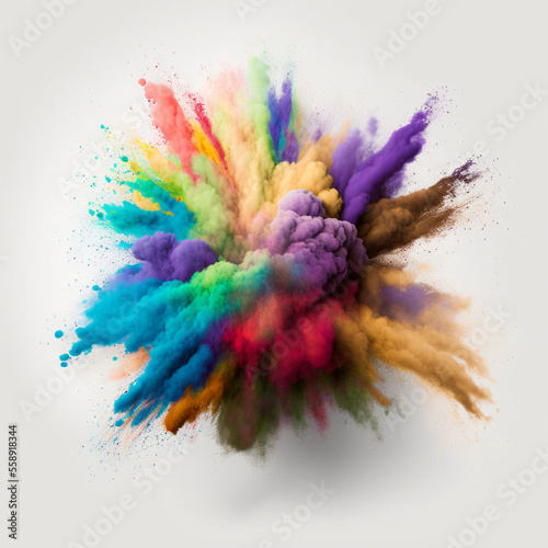 Colored powder explosion on a white background. Abstract closeup dust on backdrop. Colorful explode. Paint holi. 