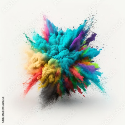 Colored powder explosion on a white background. Abstract closeup dust on backdrop. Colorful explode. Paint holi. 