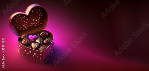 box of chocolates for valentine's day banner, heart shape, lights bokeh magenta background, Generative AI	