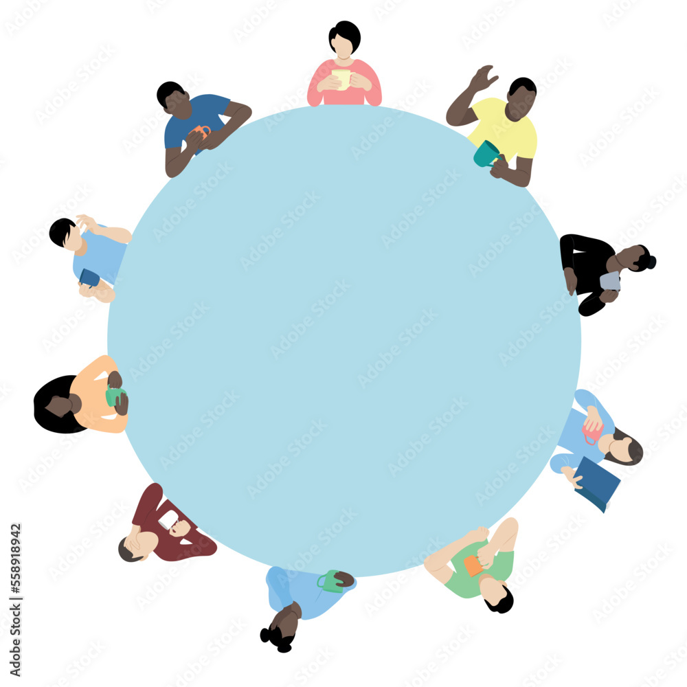 Portraits of people with cups in their hands around a blue circle, a flat vector, isolated on a white, faceless illustration, a cafe concept, people with different skin color