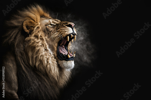 Lion Roaring On Black Background Generative AI photo