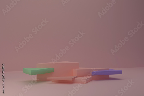 Abstract background, mock up scene with beige-pink prism podiums with beige-pink, green and purple elements on beige-pink background. 3d rendering.