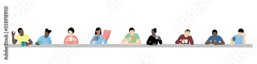 Guys and girls with cups in their hands are sitting at a very long table, flat vector, isolated on white, faceless illustration, cafe concept, tea party, people of different nationalities