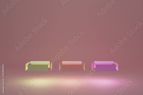 Abstract background, mock up scene with beige-pink, yellow and purple floating and glowing cube podiums on beige-pink background. 3d rendering.