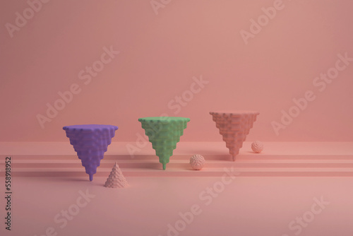 Abstract background, mock up scene with beige-pink, green and purple pixelated cone podiums on beige-pink background and stairs. 3d rendering.